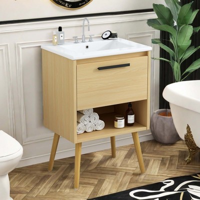 NicBex 24" Bathroom Storage Cabinet with Sink, Bathroom Vanity, 2 Spacious Drawers and 1 Open Shelf for Bathroom, Natural