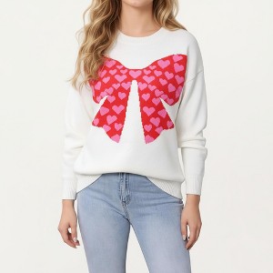 Anna-Kaci Women's Heart Bow Knit Sweater with Playful Graphic Design, Soft Crew Neck Fit and Cozy Long Sleeve Detailing - 1 of 4