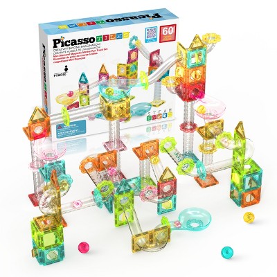 PICASSO-TILES Mini Marble Run Magnetic Tiles, Race Track Building Blocks, STEM Educational Toy for Kids, 60pcs