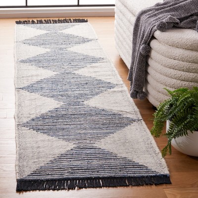Ivory and Blue Wool Cotton Flat Woven Runner Rug