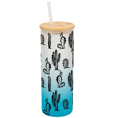 Elanze Designs Classic Cactus Desert Plant Wrap-Around Design 25 Ounce Frosted Gradient Glass On-The-Go Coffee Travel Skinny Tumbler Mug Cup, Bamboo