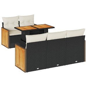 vidaXL Patio Sofa Set with Cushions Lounge Set 6 Piece Poly Rattan Acacia - Black and Cream - 1 of 4