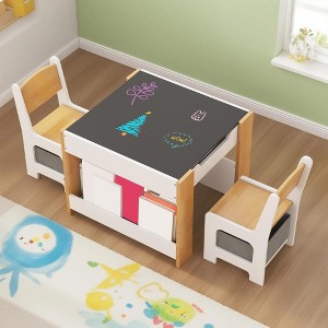 Kids Art Table and Chair Set, 3 In 1 Activity Table with 2 Chairs, Bookshelves, Drawers and Detachable Tabletop, Toddlers Craft Table Art Desk - 1 of 4