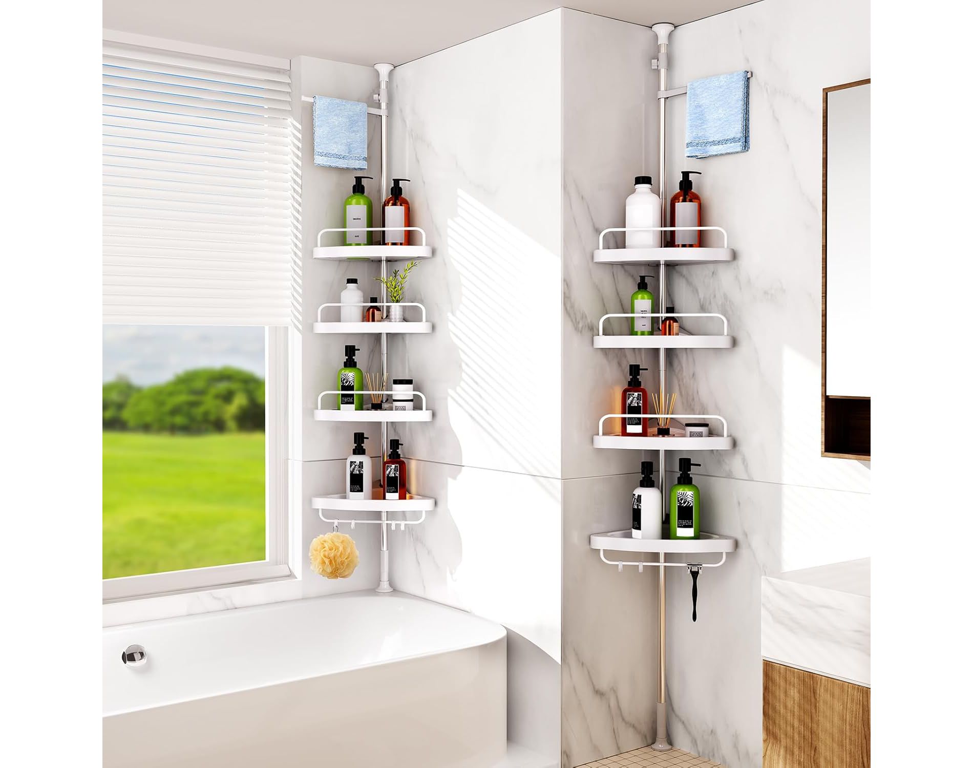 HAMITOR White Corner Shower Caddy, 4-Tier No-Drill Organizer with ABS Baskets, Adjustable 55-122 Inch Tension Pole, Stainless Steel Bathroom Storage.