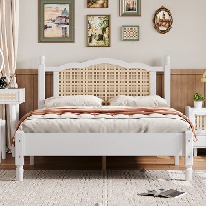 NicBex Full/Queen Size Vintage Platform Bed Frame with Natural Rattan Headboard and Footboard,No Box Spring Needed,Solid Pine Wood,White - 1 of 4
