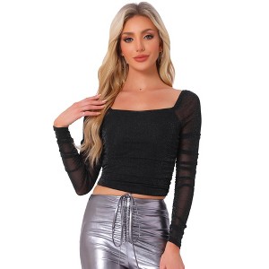 Allegra K Women's Square Neck Long Sleeve Ruched Mesh Glitter Blouse - 1 of 4