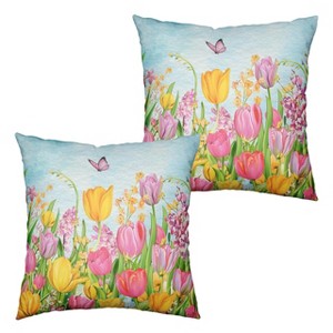 Tulip Pillow Covers 18x18 Set of 2 Spring Throw Pillow Covers Pink Yellow Tulip Floral - 1 of 3