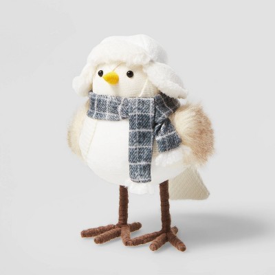 Bird with Plaid Scarf & Trapper Hat Decorative Figurine Gray/White - Wondershop™