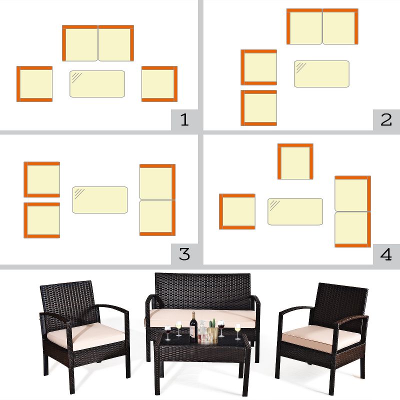 Costway 4PCS Patio Rattan Conversation Furniture Set Cushioned Seat Glass Table, 5 of 9