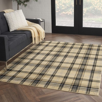 Handmade Cream & Black Plaid 5' x 7' Synthetic Area Rug