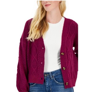 Hippie Rose Womens Cable-Knit Cardigan Sweater, Purple, X-Large - 1 of 1