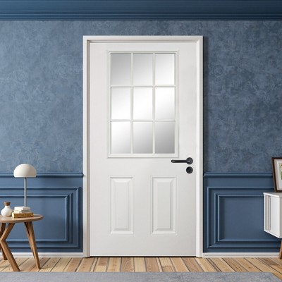 Wooakway 36"W×80"H 9-Lite 2-Panel Exterior Frosted Glass Prehung Front Entry Door Primed Interior Fiberglass Entrance Door