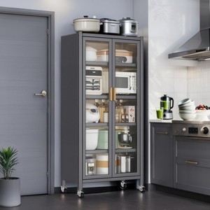 SEVOBAL Utility Storage Cabinets 6 Tier Metal Kitchen Pantry Cabinet with Transparent Doors Adjustable Shelves and Wheels, Gray, 68.5"*17.32"*8.27" - 1 of 4