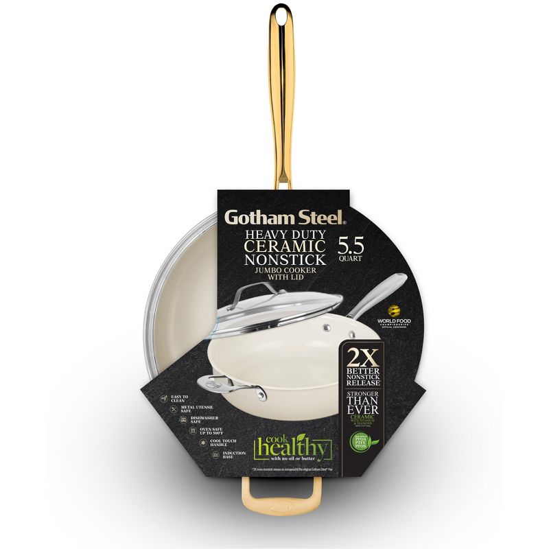 Gotham Steel Cream Ultra Nonstick Ceramic 5.5 Qt Jumbo Cooker Pan with Lid and Gold Handles, 2 of 6