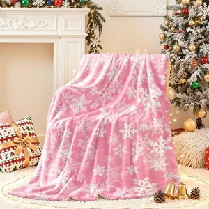 Lomsoe Pink Snowflake Flannel Throw Blanket, Winter Holiday Decorative Blankets, Super Soft Cozy Throw Blankets for Home Sofa Couch - 1 of 4