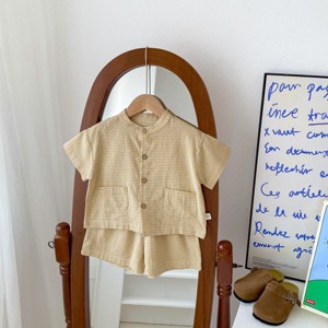 MyKids-USA Baby Kids Boys Plaid/Solid Short Sleeves Top Shirt And Shorts Casual Clothing Set - 1 of 4