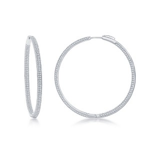 Bella Silver Sterling Silver, 3x50mm Inside-Outside Micro Pave, CZ Hoop Earrings - Silver - 1 of 2