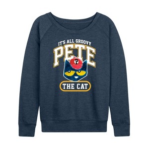 Women's - Pete the Cat - It's All Groovy Collegiate Lightweight French Terry Wide Neck Long Sleeve Shirt - 1 of 4