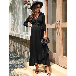 YesFashion Women's Maternity Dress Casual V Neck 3/4 Sleeve Wrap Dress Ruffle Hi-Low Maxi Nursing Breastfeeding Dress with Belted - 1 of 4