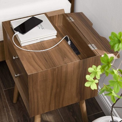 Walnut Wood Mid-century Modern Nightstand with USB Ports