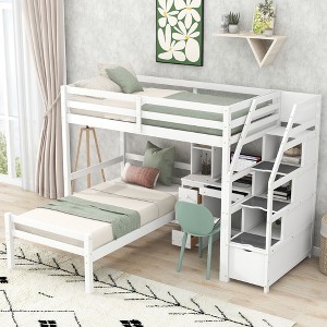 NicBex Twin over Twin Bunk Bed with Desk Pine Bed Frame with 2 Shelves, 4 Drawers, Storage Stairs and Guardrail, No Box Spring Required, White - 1 of 4