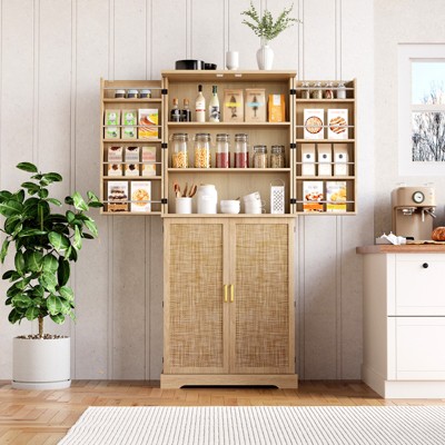 72" Tall Kitchen Pantry with Rattan Doors, Storage Cabinet Organizer with Adjustable Shelves, Freestanding Wooden Cupboard for Dining Room