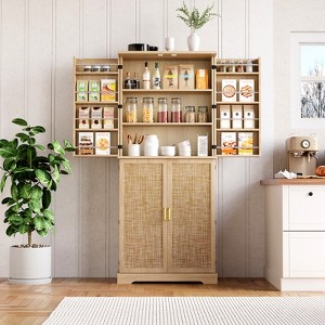 72" Tall Kitchen Pantry with Rattan Doors, Storage Cabinet Organizer with Adjustable Shelves, Freestanding Wooden Cupboard for Dining Room - 1 of 4