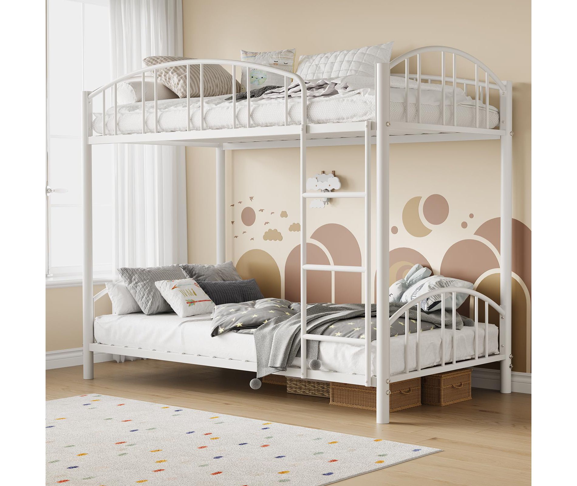 Metal Bunk Bed Twin Over Twin, Heavy Duty Bunkbeds Frame with Arched Guardrail and Safety Ladder, Sturdy Steel Bed, No Box Spring Needed, White
