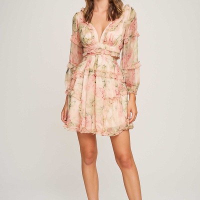 Women's Floral Chiffon V-Neck Ruffle Mini Dress – Romantic Long Sleeve Dress for Spring by Cherie Code