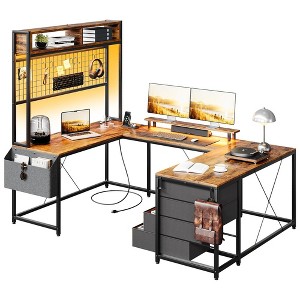 U Shaped Desk with Monitor Stand and LED Lights, U Shaped Gaming Desk with Storage Shelves - 1 of 4