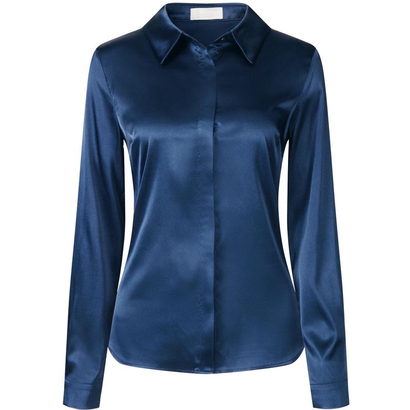 Hobemty Women's Elegant Satin Point Collar Long Sleeve Work Office Button Down Shirt, 1 of 6