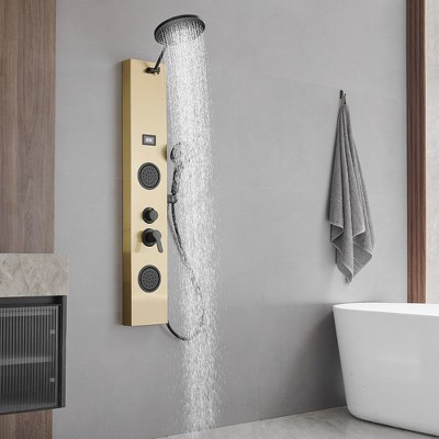 Gold and Black Stainless Steel Shower Panel System with Rainfall Shower Head