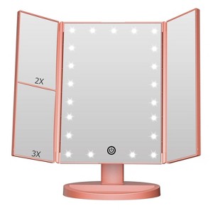 FASCINATE Lighted Makeup Mirror, 21 LED Lights, 3x/2x/1x Magnifying Trifold LED Vanity Mirror, Touch Control Dimmable Brightness,180°Rotation - 1 of 4