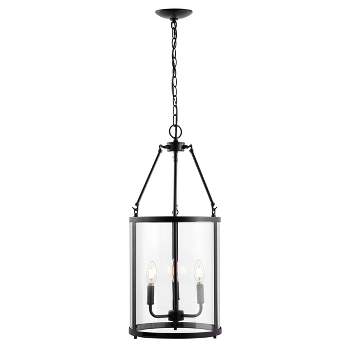 12" 3-Light Kinsley Industrial Farmhouse Iron/Glass LED Pendant Oil Rubbed Bronze/Clear - JONATHAN Y