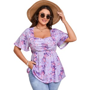 Garvee Women Plus Size Sweetheart Neck Tunic Tops Floral Short Sleeves Pleated Peplum Babydoll Casual Blouse T shirts - 1 of 4
