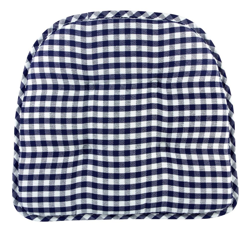 Photos - Pillow Gripper 15" x 16" Non-Slip Gingham Tufted Chair Cushions Set of 2 - Navy: Indoor Kitchen Seat Cushions, Polyester & Cotton
