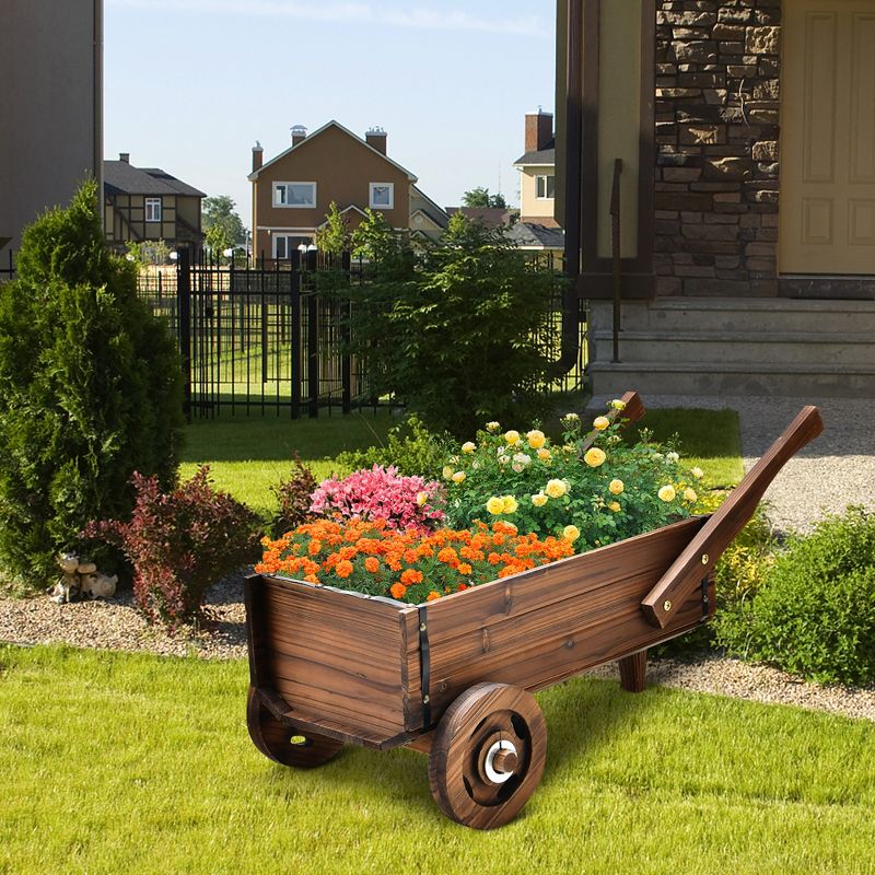 Costway Decorative Wagon Cart Plant Flower Pot Stand Wooden Raised Garden Planter Box, 2 of 11