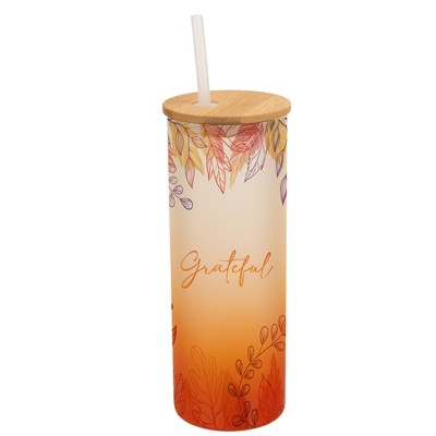Elanze Designs Grateful Pastel Watercolor Autumn Leaves Wrap-Around Design 25 Ounce Frosted Gradient Glass On-The-Go Coffee Travel Skinny Tumbler Mug