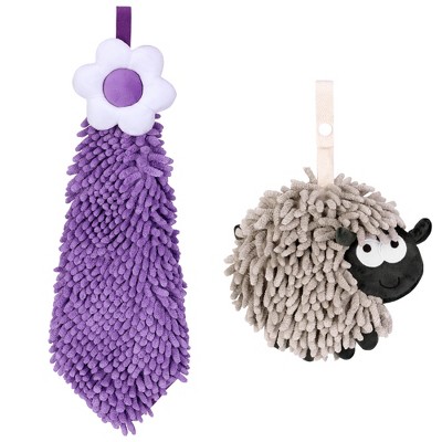 REGALWOVEN Flower and Sheep Shape Absorbent Fast Drying Chenille Hand Towels with Hanging Loop 6" x 15"/7" x 7" 2 Packs