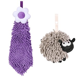 REGALWOVEN Flower and Sheep Shape Absorbent Fast Drying Chenille Hand Towels with Hanging Loop 6" x 15"/7" x 7" 2 Packs - 1 of 4