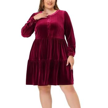 Agnes Orinda Women's Plus Size Velvet Winter Half Placket Pleat Long Sleeve Babydoll Dress