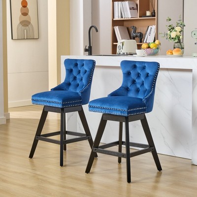 DOMETOUR Swivel Velvet Barstools with Wooden Legs and Chrome Nailhead Trim Button Tufted Bar Chairs Bar Stools Set of 2