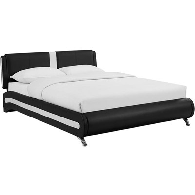 Black Faux Leather Queen Platform Bed with Tufted Headboard