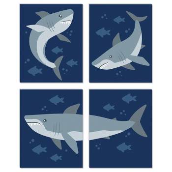 Big Dot of Happiness Shark Zone - Unframed Jawsome Ocean Kids Room Linen Paper Wall Art - Set of 4 - Artisms - 8 x 10 inches