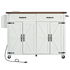 Bellemave 53.5" Farmhouse Kitchen Island cart, Kitchen Cart with Charging Station, Rolling Kitchen Island Table with Drop-Leaf, 2 Drawers,  White - 1 of 4