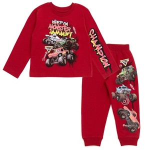 Monster Jam Grave Digger El Toro Loco Megalodon Monster Truck T-Shirt and Fleece Jogger Pants Outfit Set Toddler - 1 of 4