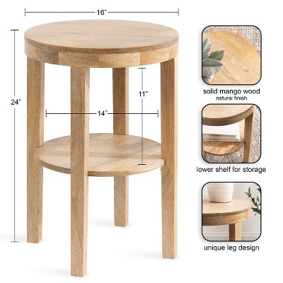 Natural Mango Wood Round Two-Tier Side Table, 16x16x24