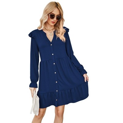 Women’s Fall Dress Casual Ruffle Tiered Long Sleeve Babydoll Mini Dresses Short Swing Skater Dress