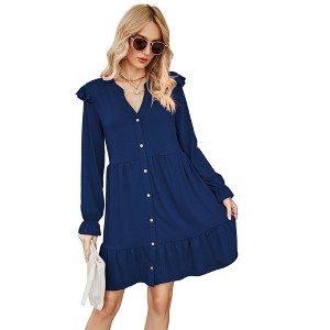 Women’s Fall Dress Casual Ruffle Tiered Long Sleeve Babydoll Mini Dresses Short Swing Skater Dress - 1 of 4
