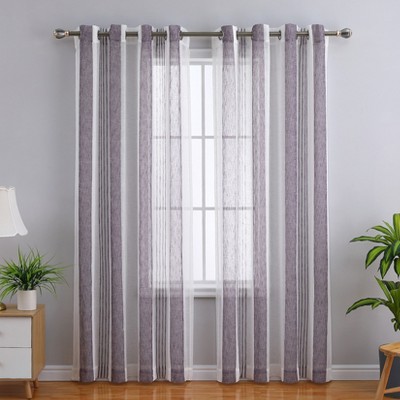 Sheer Curtains for Living Room Bedroom, Bathroom Curtain Window Grommet Voile Drapes, Stripe Farmhouse Curtains Faux Linen 2 Panels